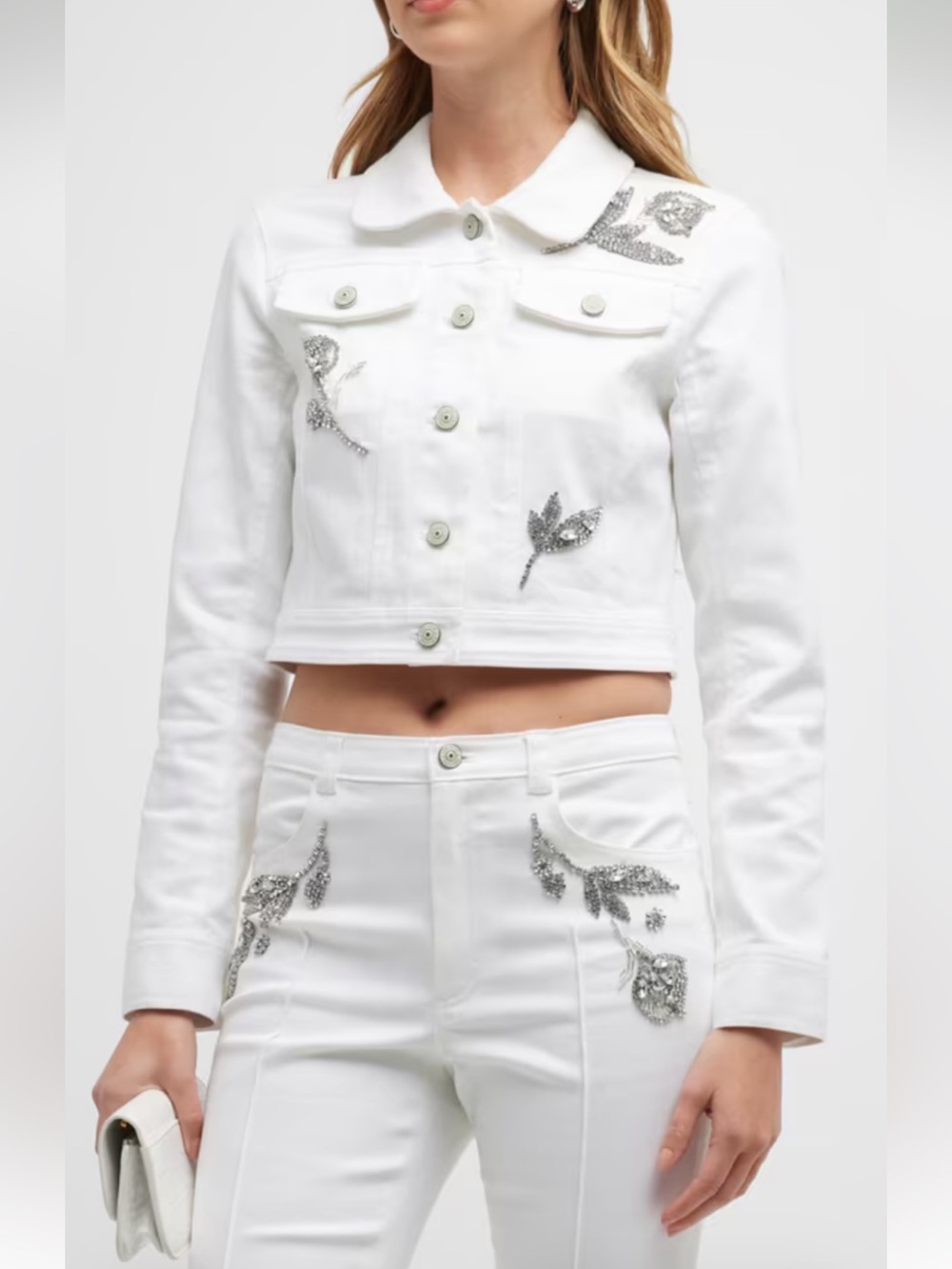 NWT Cinq à Sept Regina Crystal Floral White Beaded Cropped Denim Jacket M Glam